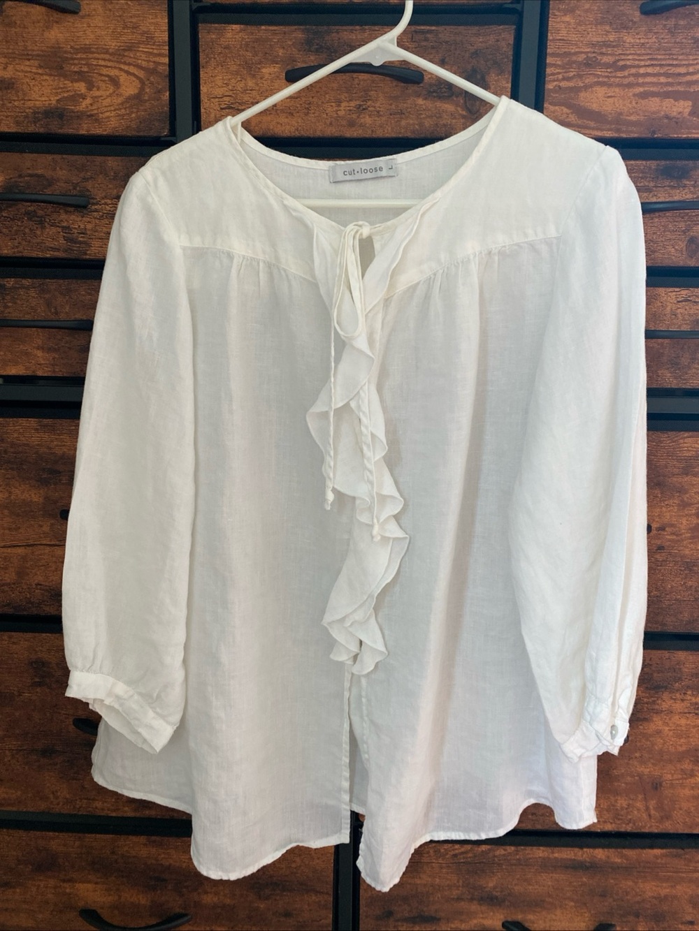 Cut Loose White Linen Ruffle Front Tie Neck Blouse Top sz  L Lagenlook Coastal